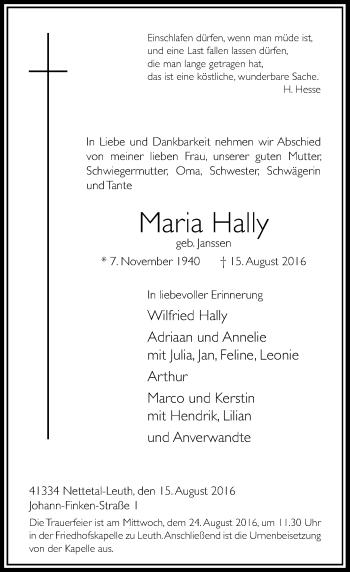 Traueranzeige von Maria Hally von Rheinische Post