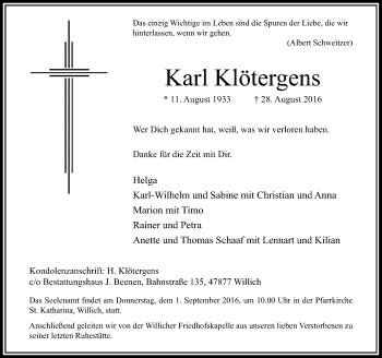 Traueranzeige von Karl Klötergens von Rheinische Post