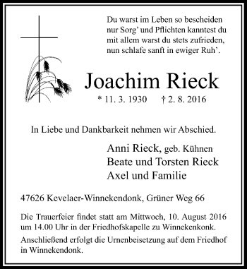 Traueranzeige von Joachim Rieck von Rheinische Post