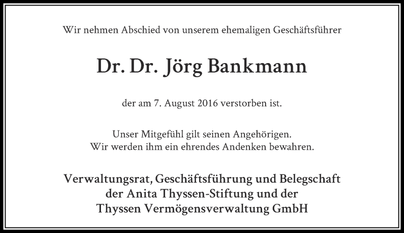  Traueranzeige für Jörg Bankmann vom 13.08.2016 aus Rheinische Post