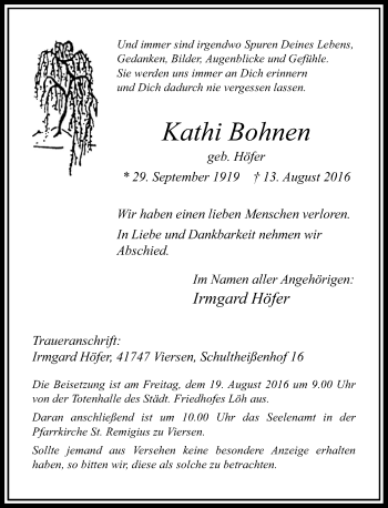Traueranzeige von Kathi Bohnen von Rheinische Post