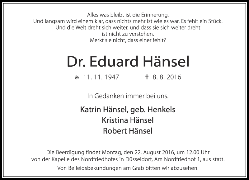  Traueranzeige für Eduard Hänsel vom 13.08.2016 aus Rheinische Post
