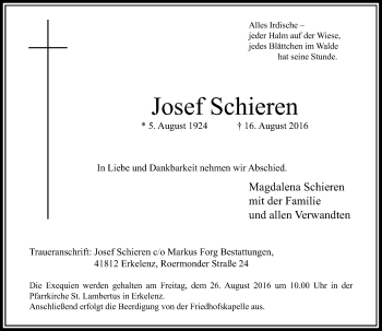 Traueranzeige von Josef Schieren von Rheinische Post