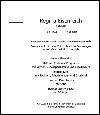 Traueranzeige von Regina Eisenreich von Rheinische Post