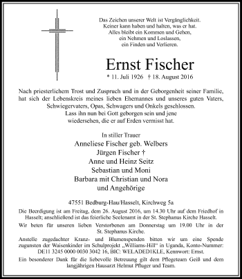 Traueranzeige von Ernst Fischer von Rheinische Post
