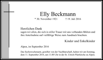 Traueranzeige von Elly Beckmann von Rheinische Post