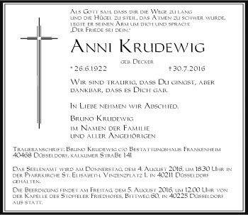 Traueranzeige von Anni Krudewig von Rheinische Post