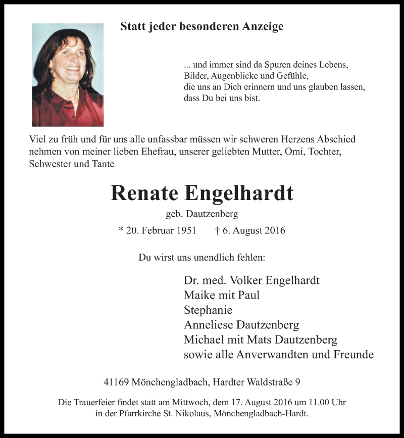  Traueranzeige für Renate Engelhardt vom 10.08.2016 aus Rheinische Post