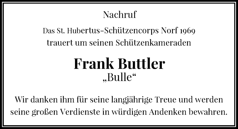  Traueranzeige für Frank Buttler vom 17.08.2016 aus Rheinische Post