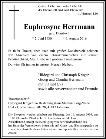 Traueranzeige von Euphrosyne Herrmann von Rheinische Post