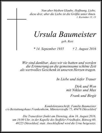 Traueranzeige von Ursula Baumeister von Rheinische Post