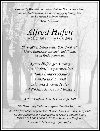 Traueranzeige von Alfred Hufen von Rheinische Post
