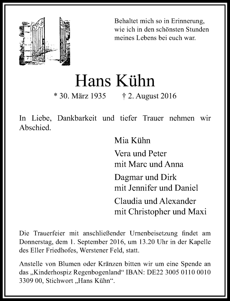 Traueranzeige für Hans Kühn vom 13.08.2016 aus Rheinische Post