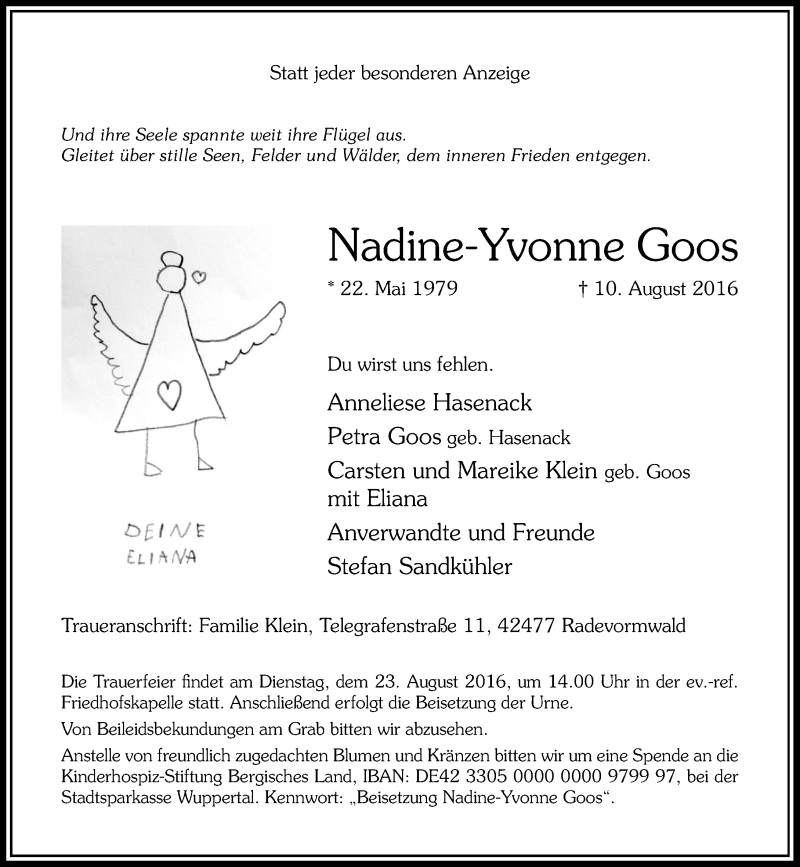  Traueranzeige für Nadine-Yvonne Goos vom 19.08.2016 aus Rheinische Post