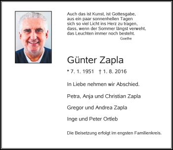 Traueranzeige von Günter Zapla von Rheinische Post