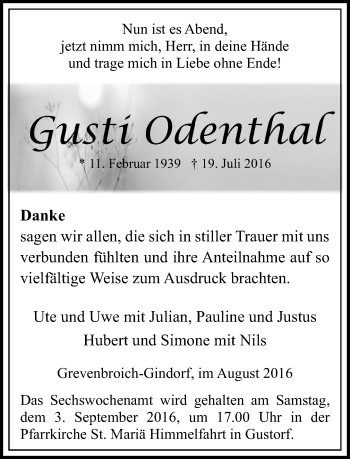 Traueranzeige von Gusti Odenthal von Rheinische Post