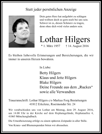 Traueranzeige von Lothar Hilgers von Rheinische Post