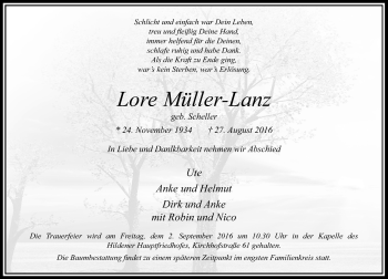 Traueranzeige von Lore Müller-Lanz von Rheinische Post