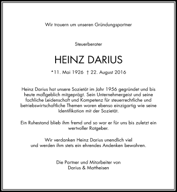 Traueranzeige von Heinz Darius von Rheinische Post