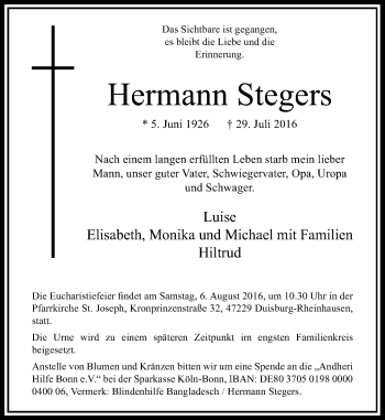 Traueranzeige von Hermann Stegers von Rheinische Post