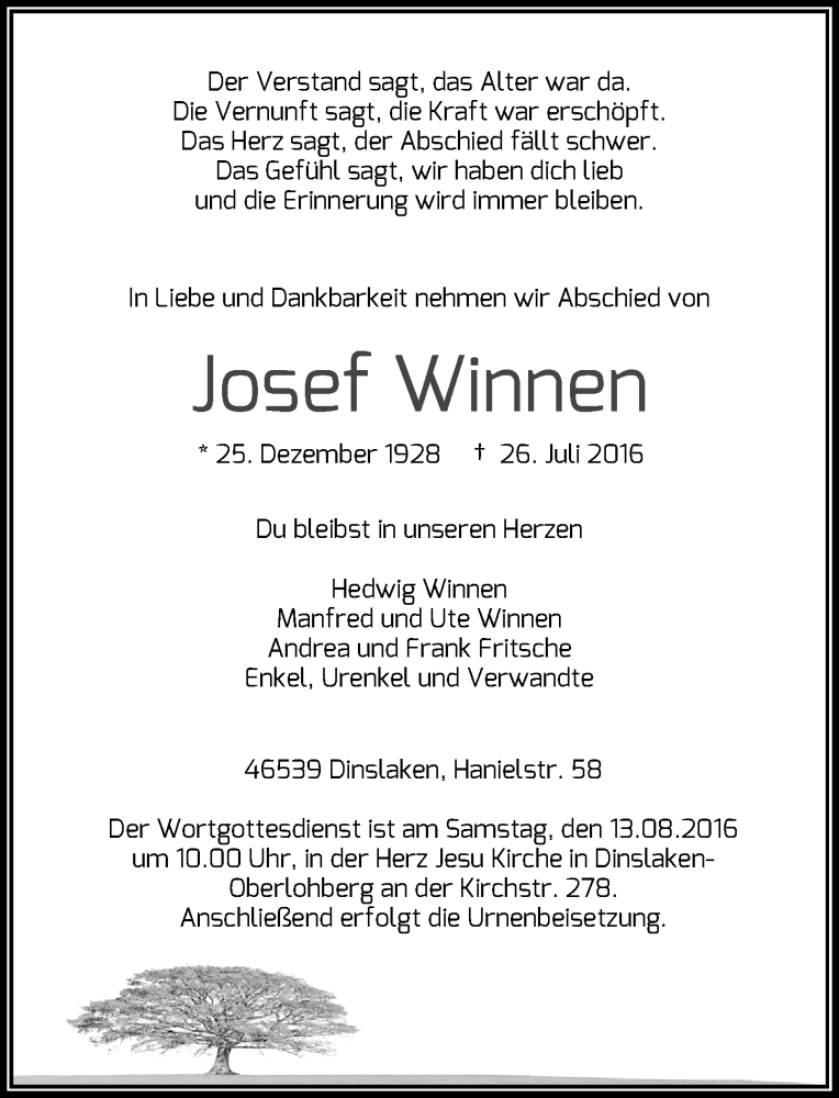  Traueranzeige für Josef Winnen vom 06.08.2016 aus Rheinische Post
