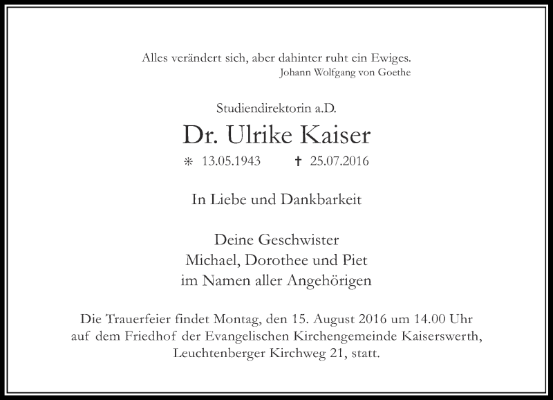  Traueranzeige für Ulrike Kaiser vom 06.08.2016 aus Rheinische Post