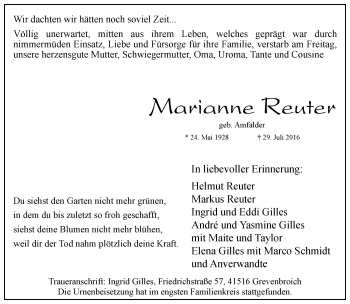 Traueranzeige von Marianne Reuter von Rheinische Post