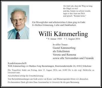 Traueranzeige von Willi Kämmerling von Rheinische Post