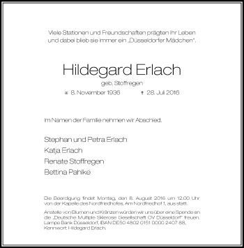 Traueranzeige von Hildegard Erlach von Rheinische Post