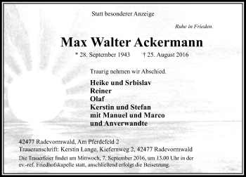 Traueranzeige von Max Walter Ackermann von Rheinische Post