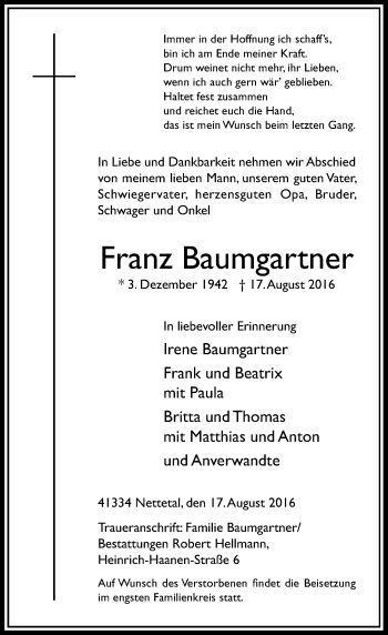 Traueranzeige von Franz Baumgartner von Rheinische Post