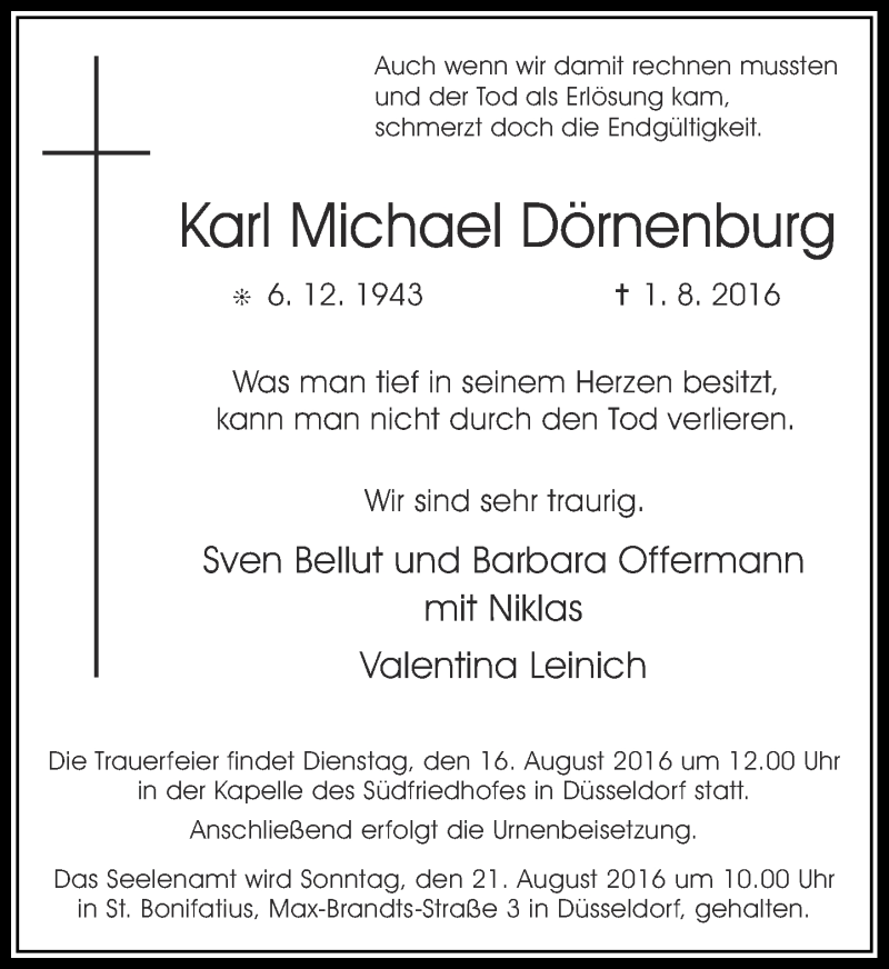  Traueranzeige für Karl Michael Dörnenburg vom 13.08.2016 aus Rheinische Post