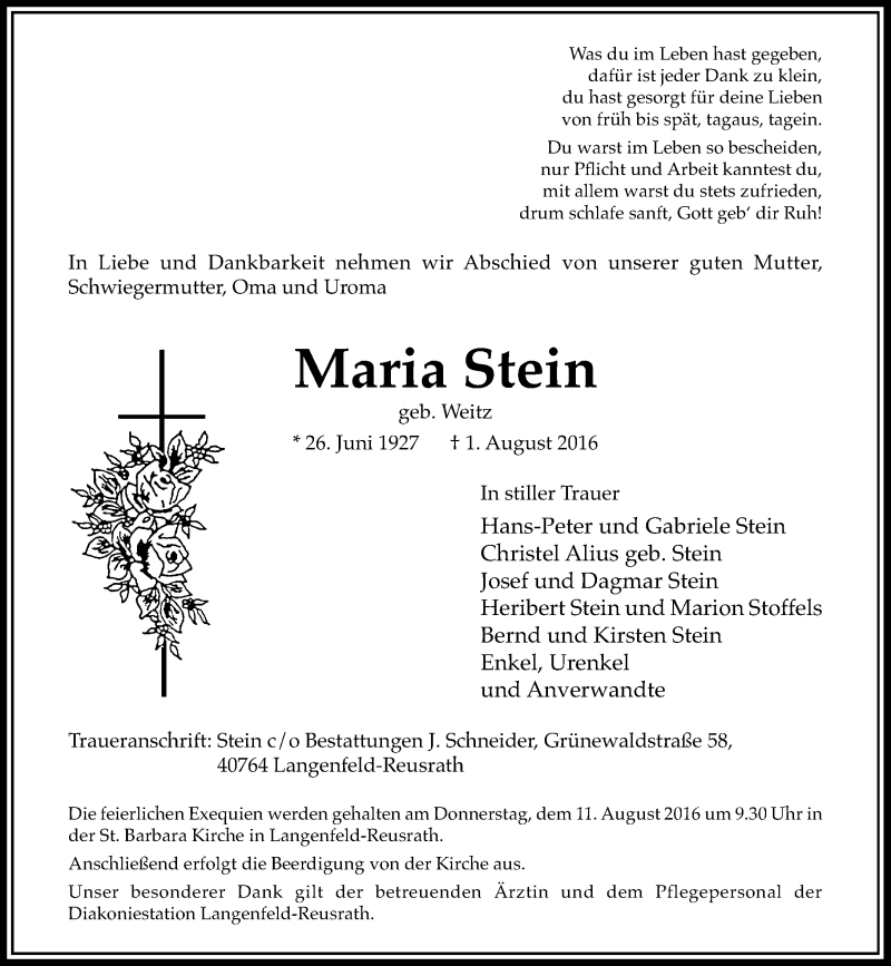  Traueranzeige für Maria Stein vom 06.08.2016 aus Rheinische Post