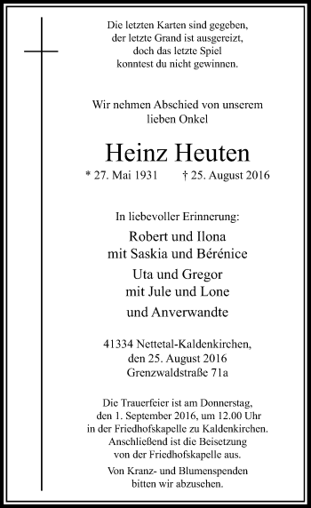 Traueranzeige von Heinz Heuten von Rheinische Post