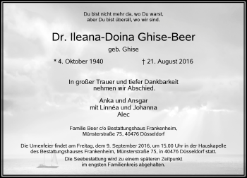 Traueranzeige von Ileana-Doina Ghise-Beer von Rheinische Post