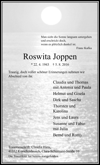 Traueranzeige von Roswita Joppen von Rheinische Post