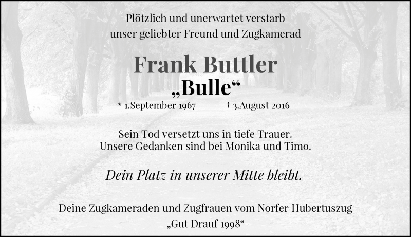  Traueranzeige für Frank Buttler vom 17.08.2016 aus Rheinische Post