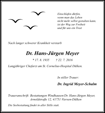 Traueranzeige von Hans-Jürgen Meyer von Rheinische Post