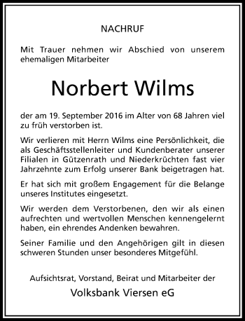 Traueranzeige von Norbert Wilms von Rheinische Post