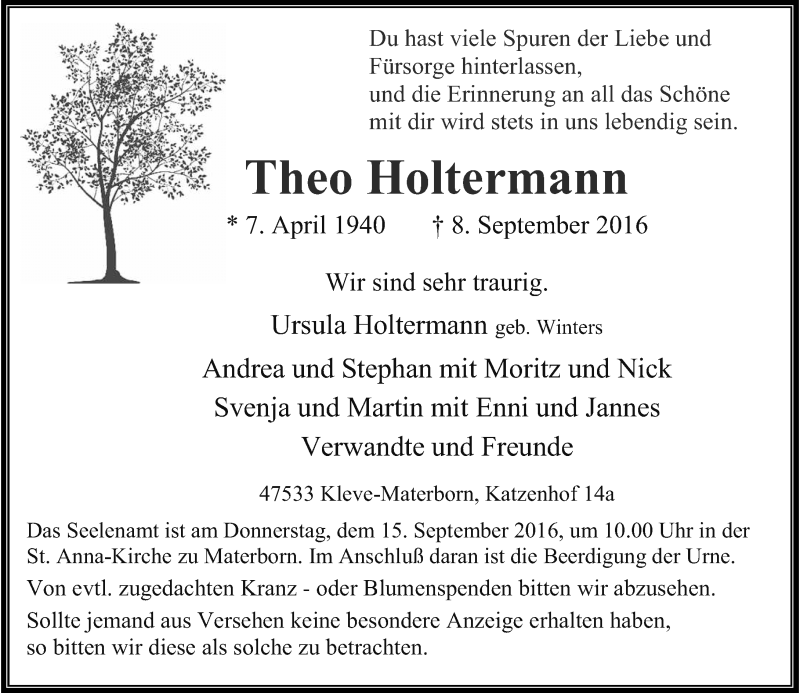  Traueranzeige für Theo Holtermann vom 12.09.2016 aus Rheinische Post