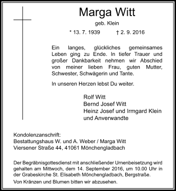 Traueranzeige von Marga Witt von Rheinische Post