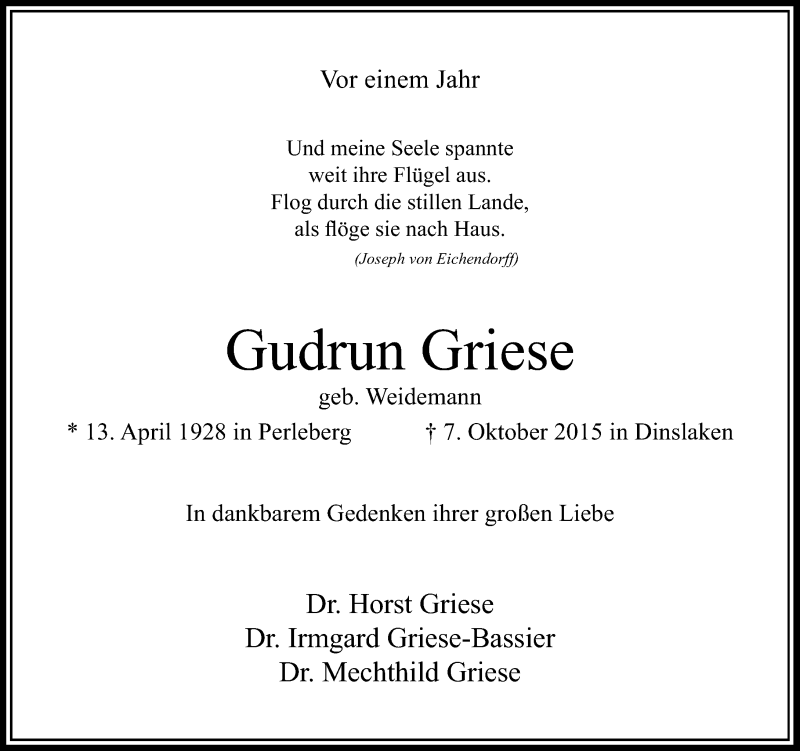  Traueranzeige für Gudrun Griese vom 08.10.2016 aus Rheinische Post