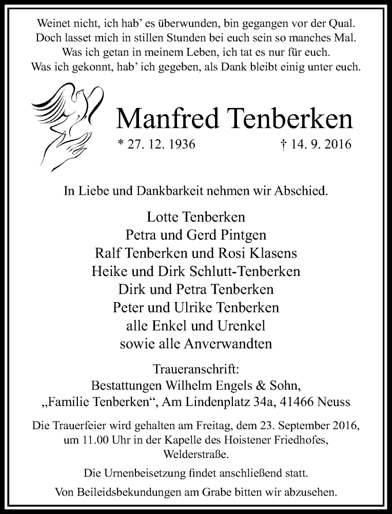  Traueranzeige für Manfred Tenberken vom 17.09.2016 aus Rheinische Post