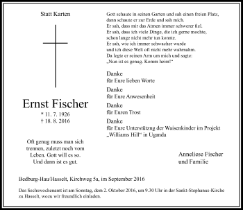 Traueranzeige von Ernst Fischer von Rheinische Post