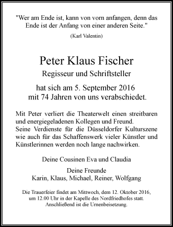 Traueranzeige von Peter Klaus Fischer von Rheinische Post