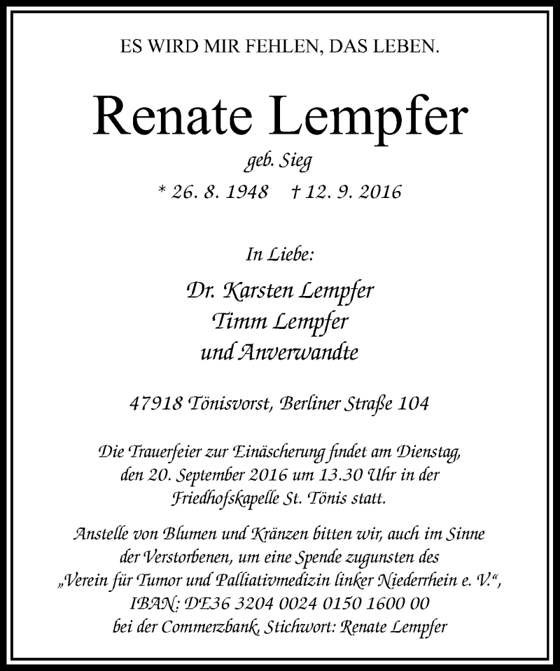  Traueranzeige für Renate Lempfer vom 17.09.2016 aus Rheinische Post