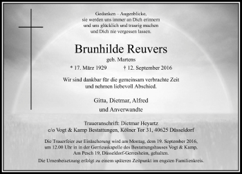 Traueranzeige von Brunhilde Reuvers von Rheinische Post