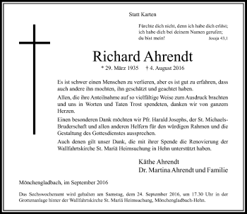 Traueranzeige von Richard Ahrendt von Rheinische Post