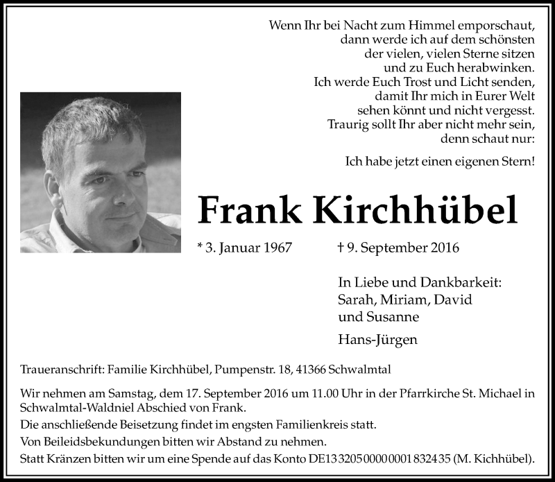  Traueranzeige für Frank Kirchhübel vom 14.09.2016 aus Rheinische Post