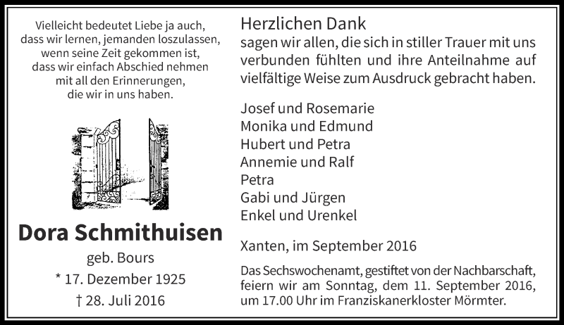  Traueranzeige für Dora Schmithuisen vom 06.09.2016 aus Rheinische Post